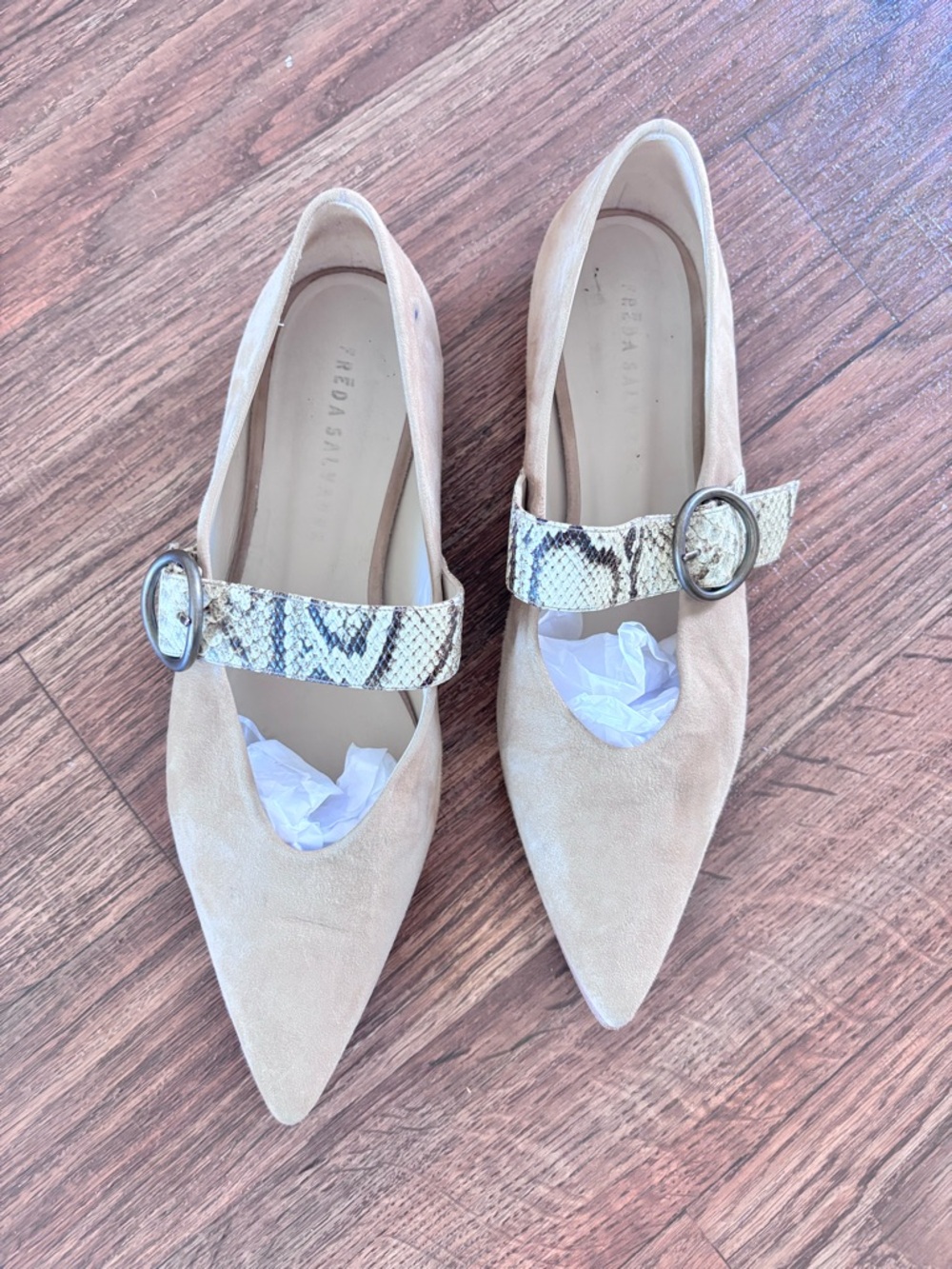 Freda Salvador Suede Mary Jane Flats Snakeskin Strap Buckle Pointed Toe Size: 11